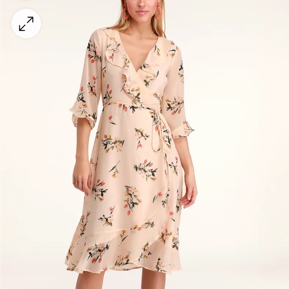 Lulu's Love Song Floral Wrap Dress in Cream/Pink Floral - Picture 4 of 4
